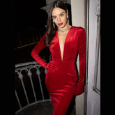 French Deep V Plunge Tight Waist Velvet Light Luxury Dress Fishtail Sheath Dress with Gloves